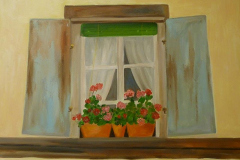 Casa en la Alsacia con ventana azul, Óleo(92x73cm)
